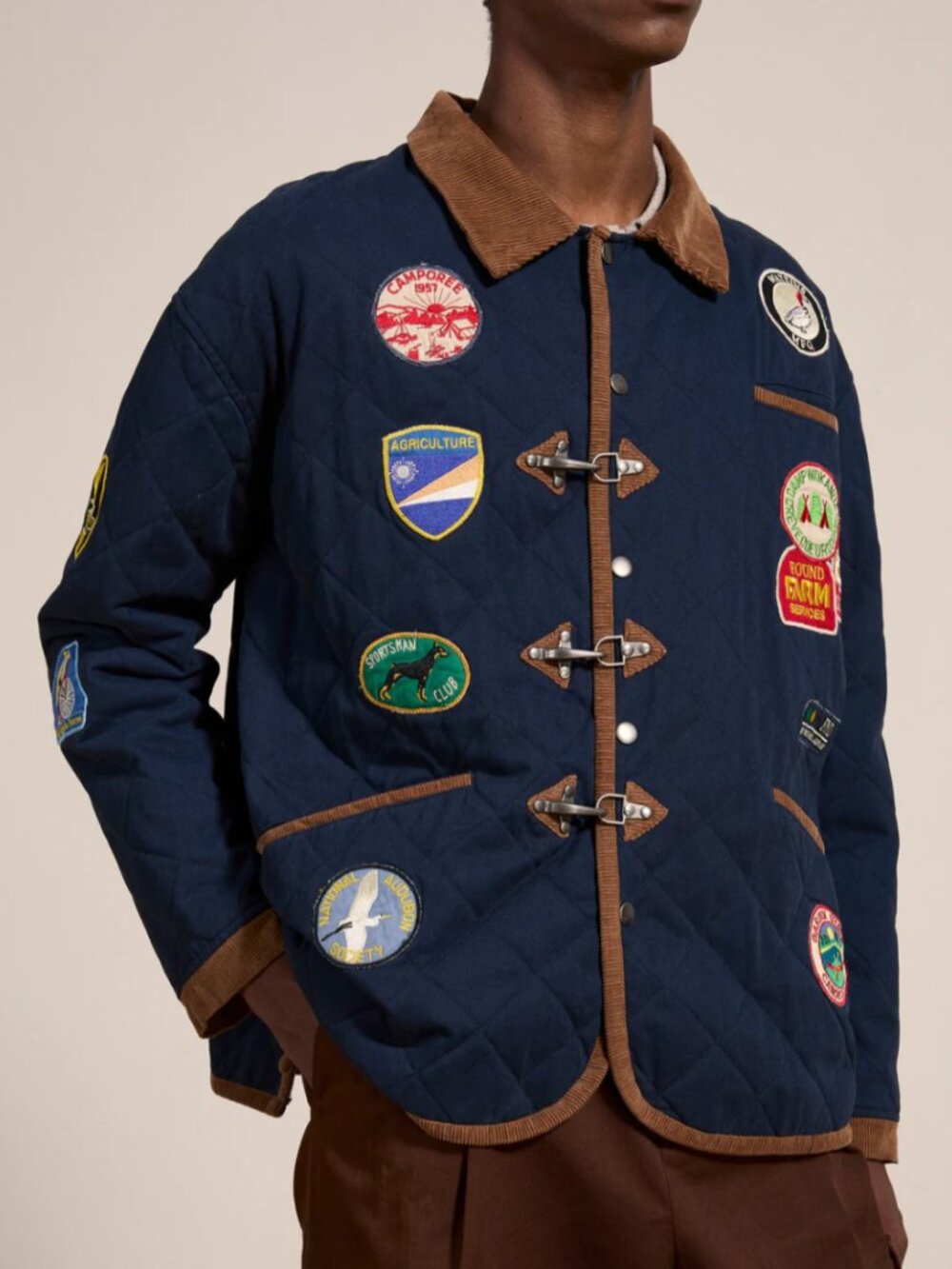 FOUND Farmstead Quilted Patch Relaxed Jacket In Navy & Brown Unisex Size Medium